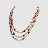 Ruby & Diamond Polki Three-Line Necklace Set Grace your celebrations with this elegant three-line necklace and earrings, featuring vibrant rubies, shimmering diamond polki, and timeless craftsmanship for sophisticated traditional luxury.(KMNE3751)
