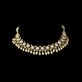 Traditional blue enamelled necklace adorned with sparkling diamond polki motifs and delicate pearl hangings, blending timeless artistry with graceful elegance for every special occasion.(KMNE3762)