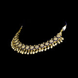 Traditional blue enamelled necklace adorned with sparkling diamond polki motifs and delicate pearl hangings, blending timeless artistry with graceful elegance for every special occasion.(KMNE3762)