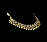 Traditional blue enamelled necklace adorned with sparkling diamond polki motifs and delicate pearl hangings, blending timeless artistry with graceful elegance for every special occasion.(KMNE3762)