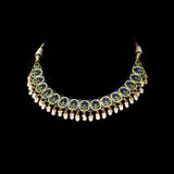 Traditional blue enamelled necklace adorned with sparkling diamond polki motifs and delicate pearl hangings, blending timeless artistry with graceful elegance for every special occasion.(KMNE3762)