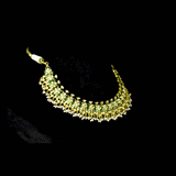 Green Enamelled Diamond Polki Necklace Set Traditional green enamelled necklace set adorned with sparkling diamond polki and delicate pearl hangings, paired with matching earrings for timeless elegance and festive charm.(KMNE3766)