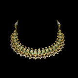 Green Enamelled Diamond Polki Necklace Set Traditional green enamelled necklace set adorned with sparkling diamond polki and delicate pearl hangings, paired with matching earrings for timeless elegance and festive charm.(KMNE3766)
