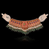 Handcrafted to perfection, this Diamond Polki choker and earrings blend classic artistry with elegant emerald drops and pearl accents.(KMNE3797)