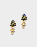 A pendant and earring set featuring diamond polki and round brilliant diamonds, accented with green and blue French enamel. Designed in a refined fusion style, it blends traditional artistry with a contemporary touch, ideal for festive occasions(KMPE1348)