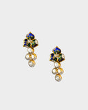 A pendant and earring set featuring diamond polki and round brilliant diamonds, accented with green and blue French enamel. Designed in a refined fusion style, it blends traditional artistry with a contemporary touch, ideal for festive occasions(KMPE1348)