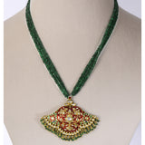 Royal Pankhi Pendant Set Traditional Pankhi pendant set adorned with vibrant red meenakari, sparkling diamond polki, and emerald bead stringing, paired with matching earrings for timeless regal elegance.(KMPE1360)