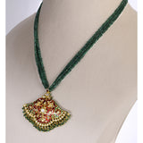 Royal Pankhi Pendant Set Traditional Pankhi pendant set adorned with vibrant red meenakari, sparkling diamond polki, and emerald bead stringing, paired with matching earrings for timeless regal elegance.(KMPE1360)