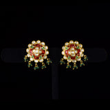 Royal Pankhi Pendant Set Traditional Pankhi pendant set adorned with vibrant red meenakari, sparkling diamond polki, and emerald bead stringing, paired with matching earrings for timeless regal elegance.(KMPE1360)