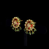 Royal Pankhi Pendant Set Traditional Pankhi pendant set adorned with vibrant red meenakari, sparkling diamond polki, and emerald bead stringing, paired with matching earrings for timeless regal elegance.(KMPE1360)