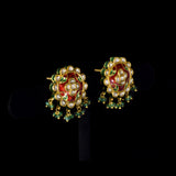 Royal Pankhi Pendant Set Traditional Pankhi pendant set adorned with vibrant red meenakari, sparkling diamond polki, and emerald bead stringing, paired with matching earrings for timeless regal elegance.(KMPE1360)