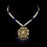 Blue Meenakari Pendant Set Elegant blue meenakari pendant set adorned with diamond polki, gracefully strung with pearls and sapphire maniya, celebrating timeless heritage and sophistication.(KMPE1372)