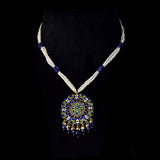 Blue Meenakari Pendant Set Elegant blue meenakari pendant set adorned with diamond polki, gracefully strung with pearls and sapphire maniya, celebrating timeless heritage and sophistication.(KMPE1372)