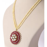 Fusion Ruby Pearl Pendant Contemporary pendant showcasing vibrant rubies, diamond polki and brilliant diamonds, gracefully suspended from a luminous double-strand pearl necklace for timeless sophistication.(KMPE1389)