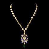 Blue Meenakari Pendant Set Elegant blue meenakari pendant set adorned with diamond polki, gracefully strung with pearls and emerald accents, blending timeless artistry with refined elegance.(KMPE1397)