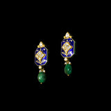 Blue Meenakari Pendant Set Elegant blue meenakari pendant set adorned with diamond polki, gracefully strung with pearls and emerald accents, blending timeless artistry with refined elegance.(KMPE1397)