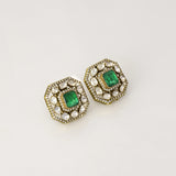 Fusion Emerald Pendant Set Contemporary pendant set featuring a vivid emerald, diamond polki and brilliant diamonds, gracefully strung with ruby and pearl in gold-wire chain for refined elegance.(KMPE1401)