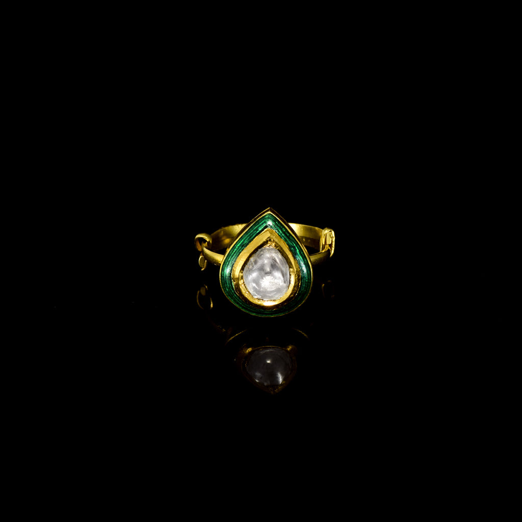 Elegant green pear-shaped Meena ring with sparkling diamond Polki, featuring an adjustable design for a perfect fit.(KMR0169)