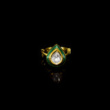 Elegant green pear-shaped Meena ring with sparkling diamond Polki, featuring an adjustable design for a perfect fit.(KMR0169)