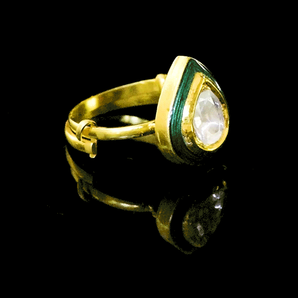 Elegant green pear-shaped Meena ring with sparkling diamond Polki, featuring an adjustable design for a perfect fit.(KMR0169)