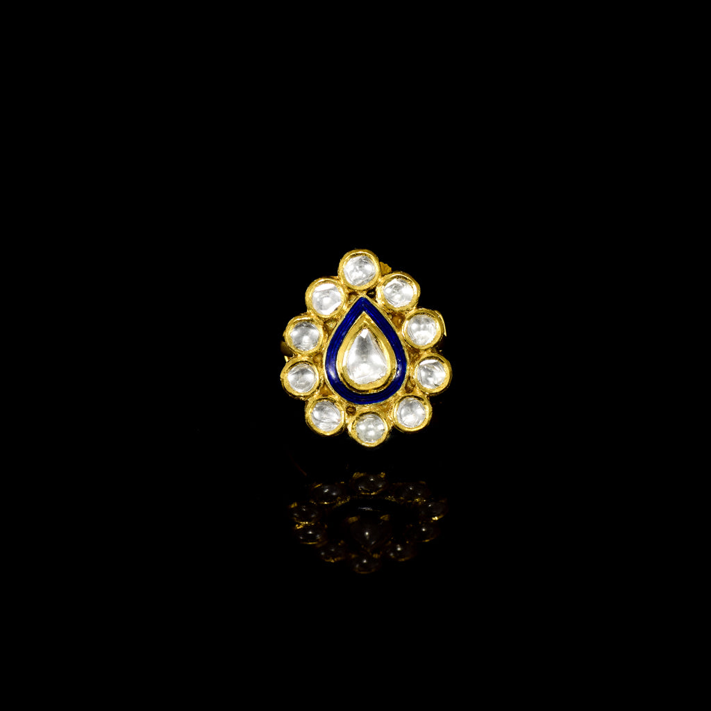 Stunning blue Meena ring with sparkling diamond Polki, adjustable for the perfect fit—timeless elegance meets versatile style.(KMR0170)