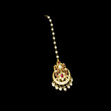 Enhance your bridal charm with this stunning maangtika, featuring uncut diamonds and vibrant rubies, beautifully strung with pearls.(KMTK0227)
