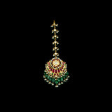 Exquisite maangtika featuring uncut diamond Polki and rubies, beautifully strung with emerald beads and pearls for a regal, traditional touch.(KMTK0241)