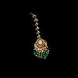Exquisite maangtika featuring uncut diamond Polki and rubies, beautifully strung with emerald beads and pearls for a regal, traditional touch.(KMTK0241)