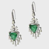 Earring pair with  exquisite triangle-shaped emeralds embraced by fancifully cut diamonds. Elevate your style with this timeless fusion of sophistication and glamour. Shop now and adorn yourself with luxury.(PGDE0288)