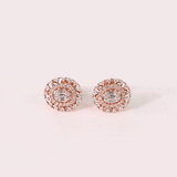 Elegant rose gold tops featuring a luminous baguette diamond centerpiece encircled by brilliant round diamonds for timeless charm.(PGDE0453)