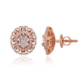 Elegant rose gold tops featuring a luminous baguette diamond centerpiece encircled by brilliant round diamonds for timeless charm.(PGDE0453)