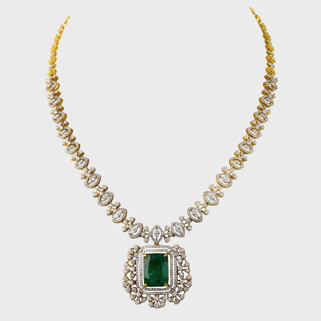 Introducing our luxurious Long Diamond Chain Necklace, featuring an exquisite Emerald Cushion Shape and Diamond Pendant - (PGDNE0118)