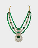 Necklace with octagon emerald, diamonds, and emerald mani beads, perfect for graceful, statement-making elegance.(PGDNE0150)