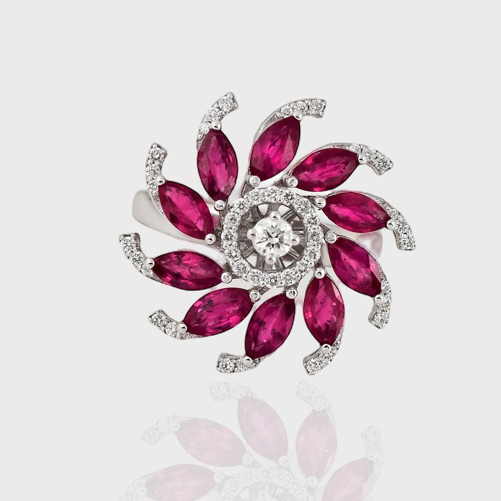 Ring adorned with the timeless allure of diamonds and the fiery elegance of ruby marquise, a piece designed to embody sophistication and grace. (PGDR0285)