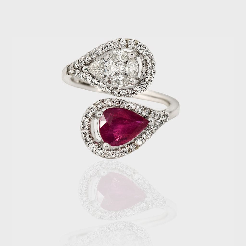 Ring adorned with a stunning combination of radiant diamonds and vibrant pear shape Ruby (PGDR0390)