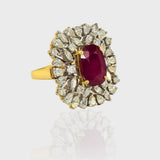 Introducing our spectacular Ring adorned with a mesmerizing array of multi-shaped diamonds and radiant ruby, a true masterpiece that captures the essence of luxury and sophistication.(PGDR0428)