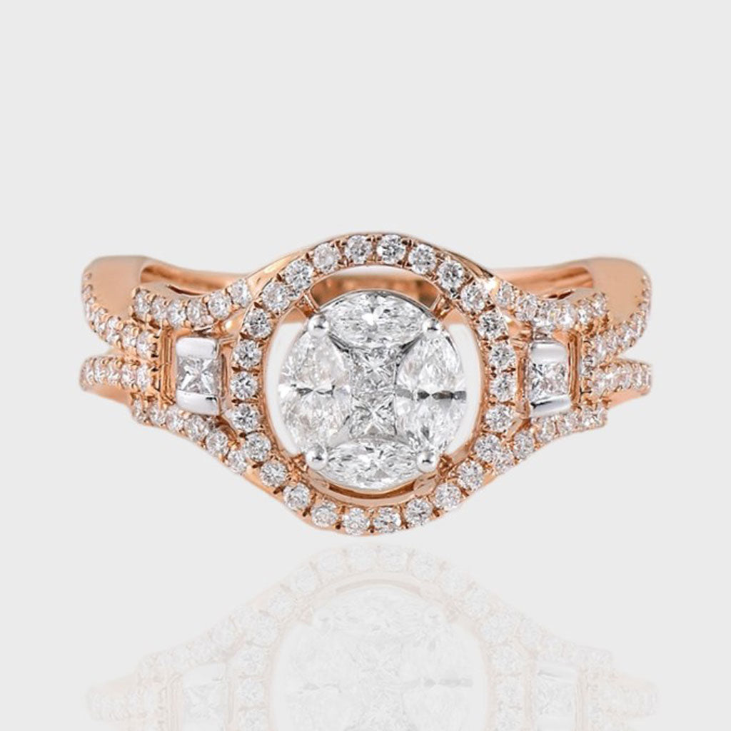 Introducing our exquisite diamond ring in a captivating rose gold polish, a timeless piece designed to add a touch of elegance to any occasion.(PGDR0437)