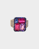 A beautifully crafted ring showcasing tourmaline, pink sapphire, blue sapphire, and diamonds, radiating elegance, vibrant colour, and distinctive style. (PGDR0470)
