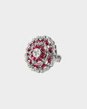 A striking ruby and diamond ring featuring vibrant rubies paired with sparkling diamonds for timeless elegance and refined luxury. (PGDR078)