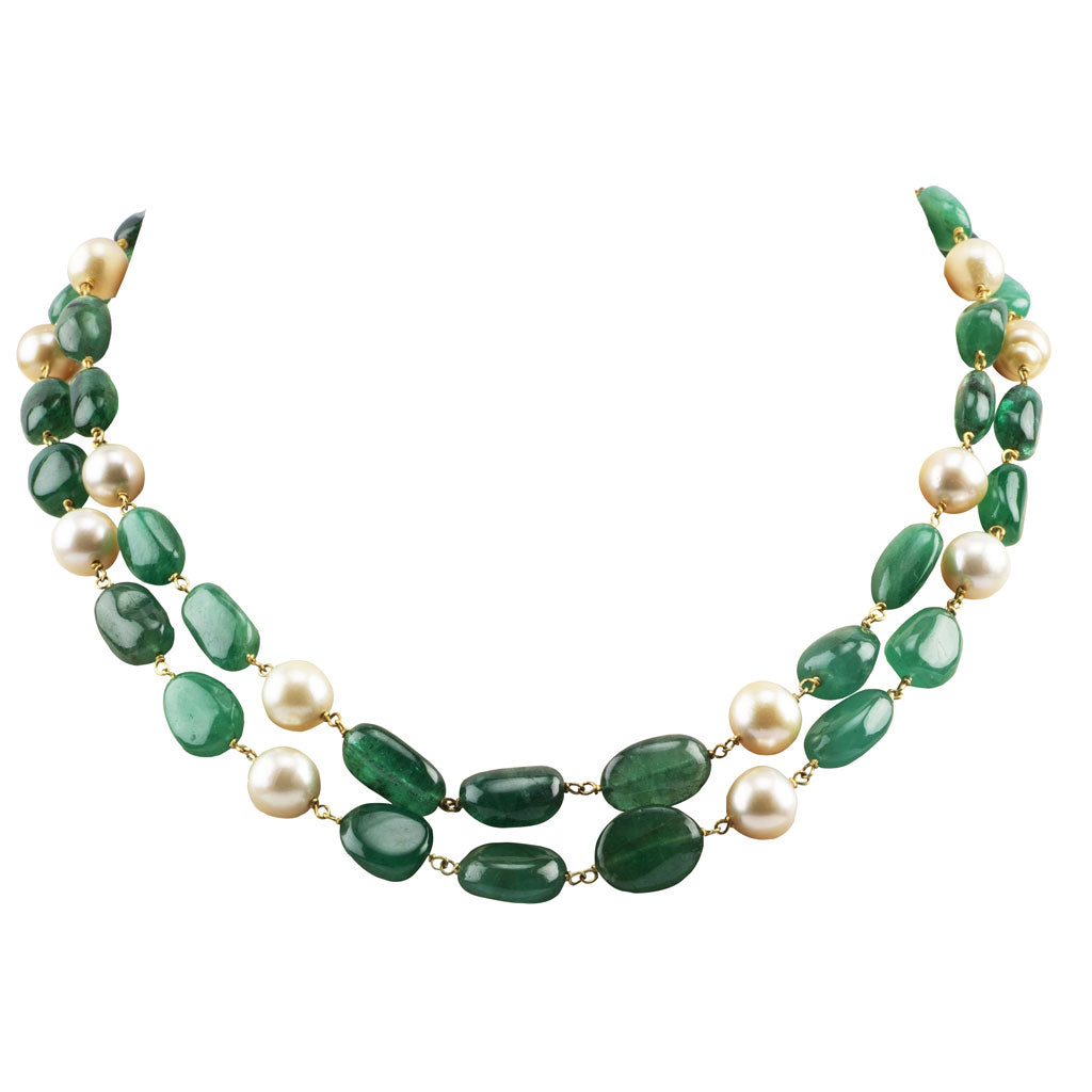 String of two line of emerald maniya and south sea pearls in gold wire STRG203
