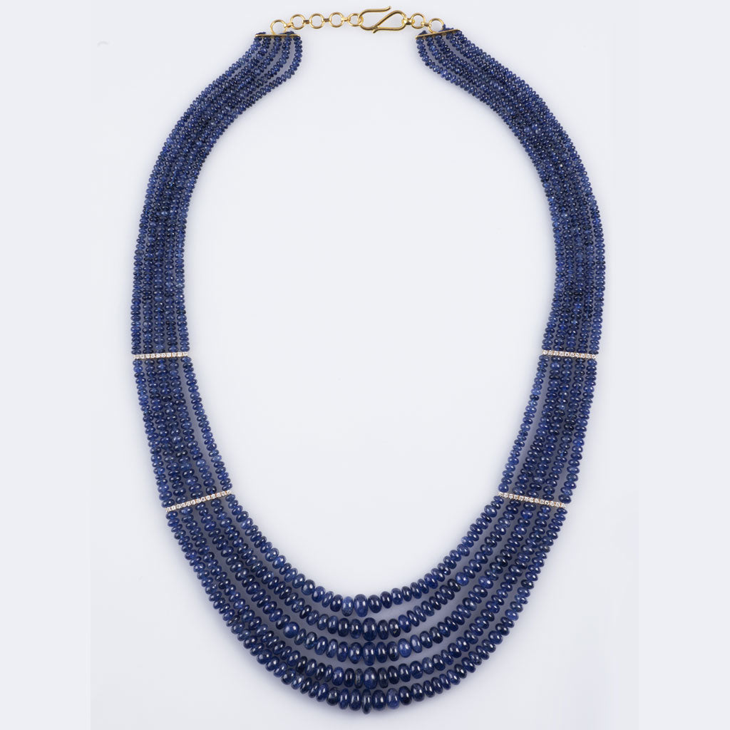 Five line sapphire beads with gold and Diamond bar necklace  STRG225