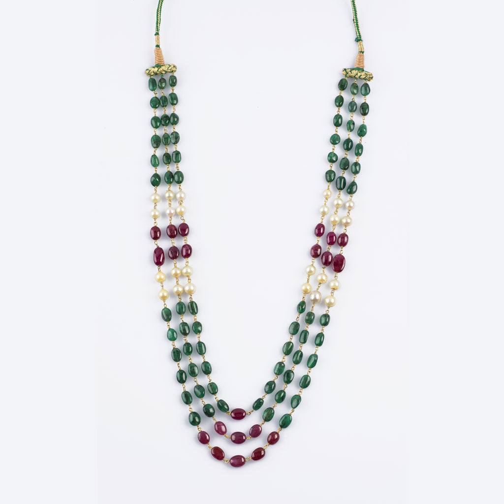 Three line necklace of emerald and Ruby maniya and pearls stringing in gold wire STRG261