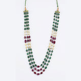 Three line necklace of emerald and Ruby maniya and pearls stringing in gold wire STRG261