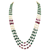 Three line necklace of emerald and Ruby maniya and pearls stringing in gold wire STRG261