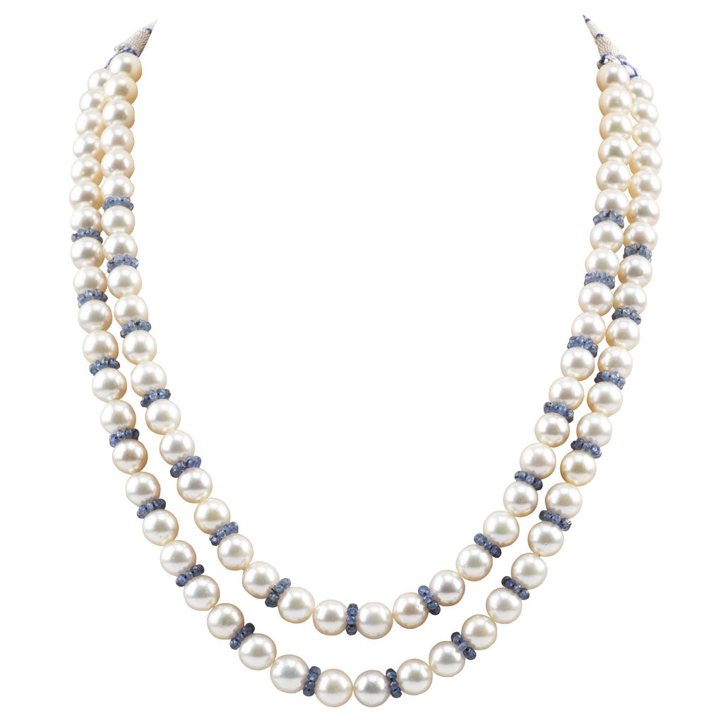 Two line necklace of South sea pearls and blue sapphire beads string STRG262
