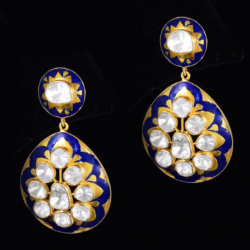 Earring pair with blue meena and  uncut diamond in 18k gold. - WDN1085