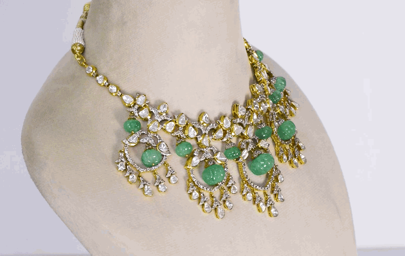 Enchanting necklace and earring pair featuring uncut diamond Polki and sparkling round diamonds, beautifully strung with large Colombian round beads in a graceful chand design—perfect for timeless elegance and royal charm.(WDN1201)