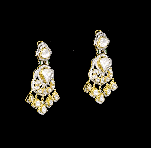 Elegant fusion-style necklace and earring pair featuring uncut diamond Polki, sparkling round diamonds, and subtle red enamel accents—perfectly blending traditional charm with modern sophistication for a standout look.(WDN1214)