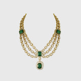 Elegant three-line fusion necklace featuring sparkling round diamonds and uncut diamond Polki, centered with a stunning octagon emerald—perfectly blending traditional artistry with modern sophistication for a captivating, timeless look.(WDN1218)