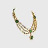 Elegant three-line fusion necklace featuring sparkling round diamonds and uncut diamond Polki, centered with a stunning octagon emerald—perfectly blending traditional artistry with modern sophistication for a captivating, timeless look.(WDN1218)
